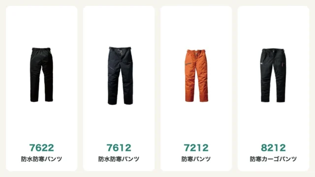 バートルの防寒パンツ：防水防寒パンツ7622と7612、防寒パンツ7212、防寒カーゴパンツ8212