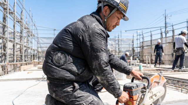 酷暑日に空調服を着用して工事現場で作業する職人