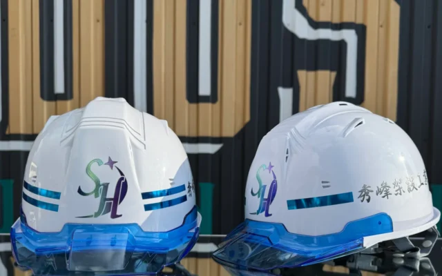 白いヘルメットにブルーのラインとロゴを凄技UV印刷転写加工で入れた制作事例