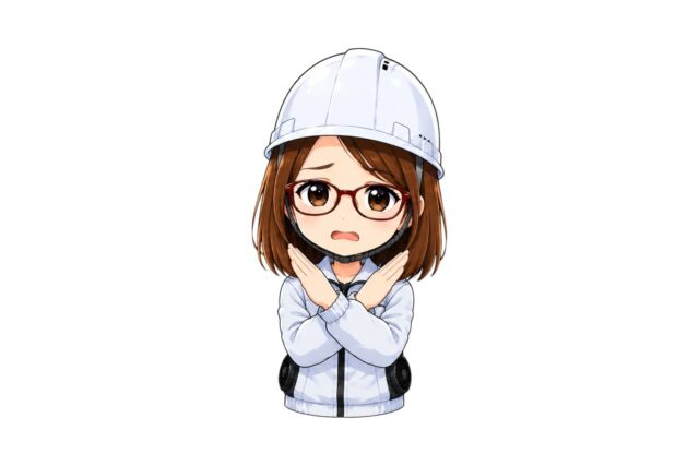 空調服を着てヘルメットを着用したイメージキャラクターのバツ印