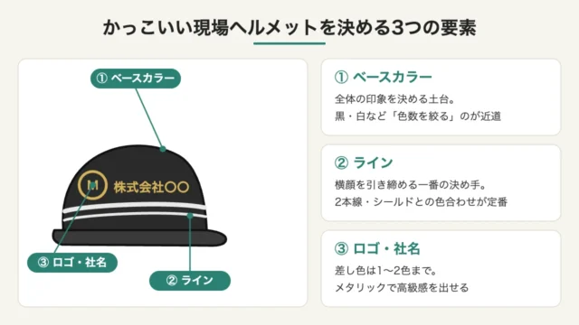 かっこいい現場ヘルメットを決める3つの要素の図解:ベースカラー・ライン・ロゴと社名