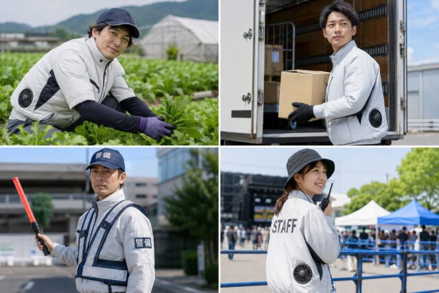 空調服が農業、運送、警備、イベントで活躍しているイメージ写真