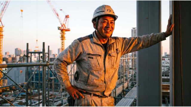 工事現場で空調服を着用し笑顔で現場を見守る職人